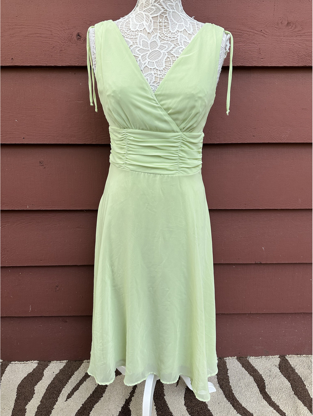 Connected Apparel Sage Green Chiffon Midi Dress with Ruched Bodice & Tie Strap